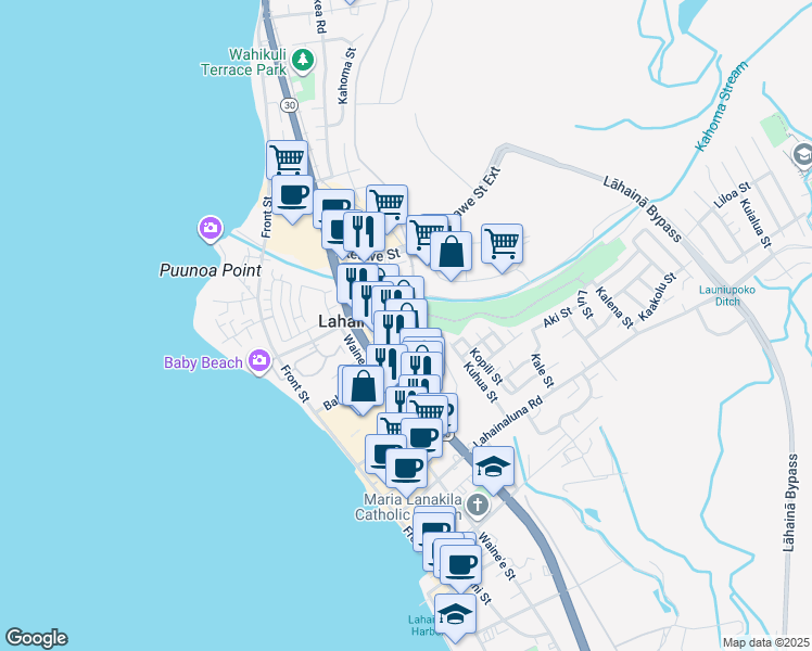 map of restaurants, bars, coffee shops, grocery stores, and more near 1660 Limahana Circle in Lahaina