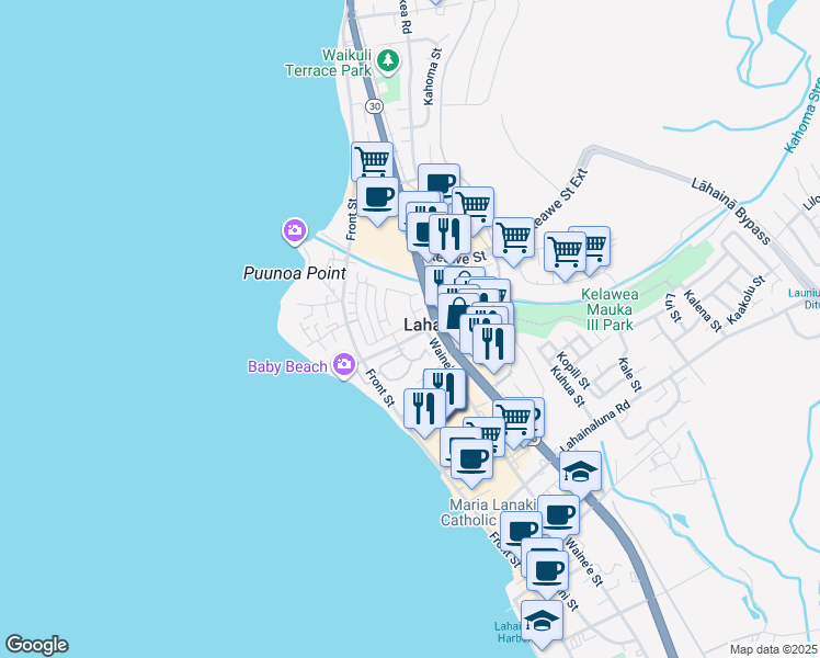 map of restaurants, bars, coffee shops, grocery stores, and more near 202 Kahoma Village Loop in Lahaina