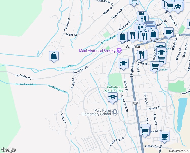 map of restaurants, bars, coffee shops, grocery stores, and more near 99 Hoolaau Street in Wailuku