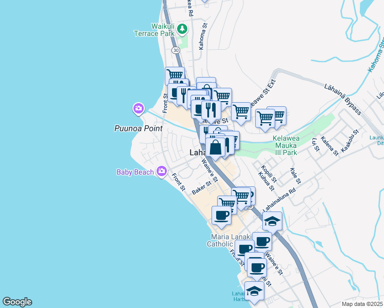 map of restaurants, bars, coffee shops, grocery stores, and more near 220 Kahoma Village Loop in Lahaina