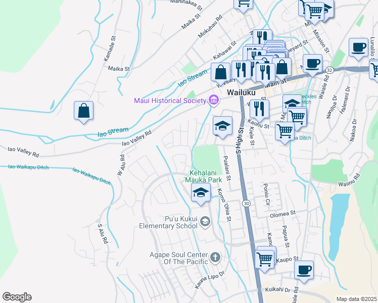 map of restaurants, bars, coffee shops, grocery stores, and more near 323 Puaehu Street in Wailuku