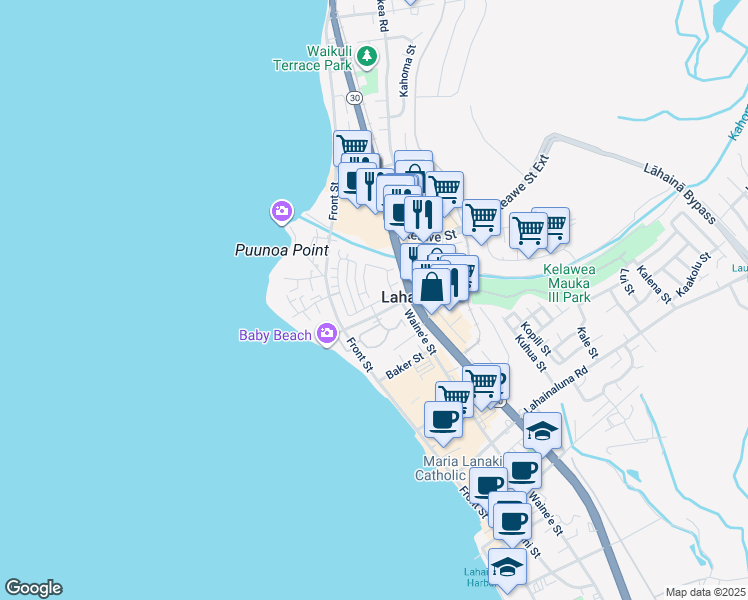 map of restaurants, bars, coffee shops, grocery stores, and more near 166 Kahoma Village Loop in Lahaina