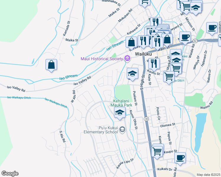 map of restaurants, bars, coffee shops, grocery stores, and more near 307 Puaehu Street in Wailuku
