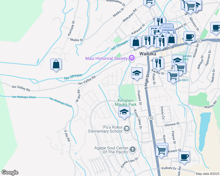 map of restaurants, bars, coffee shops, grocery stores, and more near 259 Puaehu Street in Wailuku