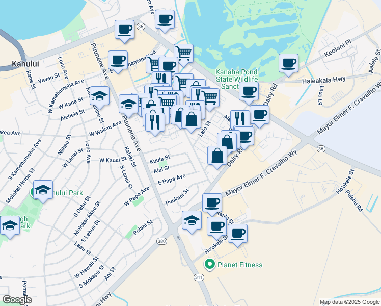 map of restaurants, bars, coffee shops, grocery stores, and more near 129 Kuula Street in Kahului