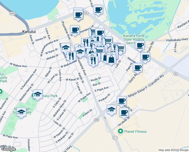 map of restaurants, bars, coffee shops, grocery stores, and more near 50 East Kauai Street in Kahului