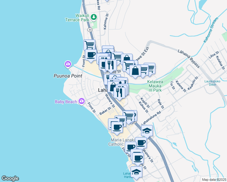map of restaurants, bars, coffee shops, grocery stores, and more near 1068 Limahana Place in Lahaina