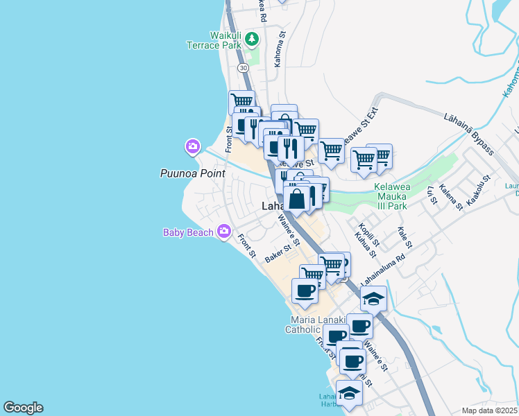 map of restaurants, bars, coffee shops, grocery stores, and more near 190 Kahoma Village Loop in Lahaina
