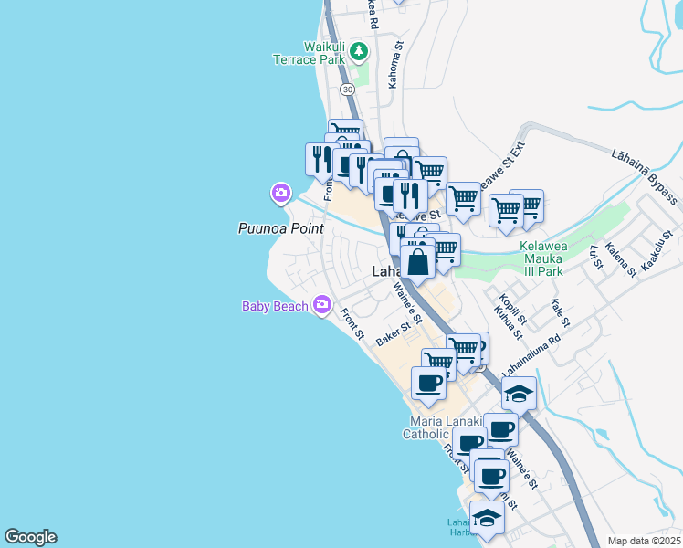 map of restaurants, bars, coffee shops, grocery stores, and more near 601 Hoe Kawele Lane in Lahaina