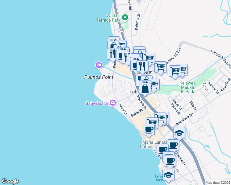 map of restaurants, bars, coffee shops, grocery stores, and more near 16 Kahoma Village Loop in Lahaina