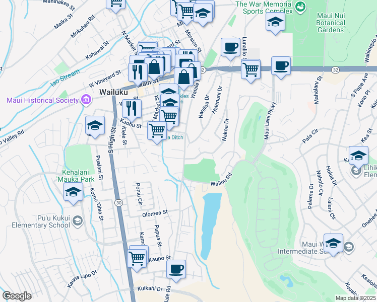 map of restaurants, bars, coffee shops, grocery stores, and more near 386 Naniloa Drive in Wailuku