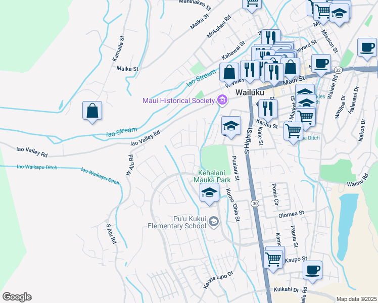 map of restaurants, bars, coffee shops, grocery stores, and more near 285 Puaehu Street in Wailuku
