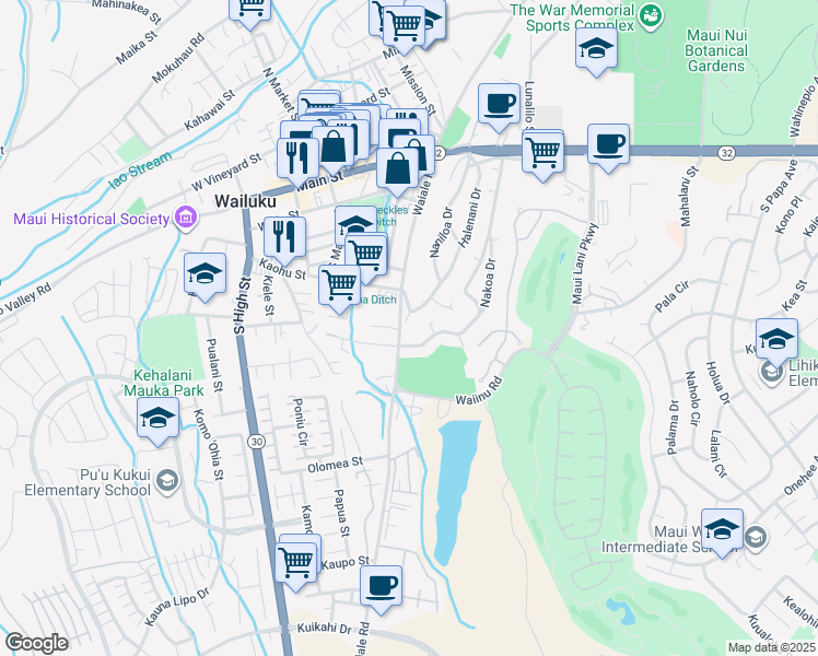 map of restaurants, bars, coffee shops, grocery stores, and more near 386 Naniloa Drive in Wailuku
