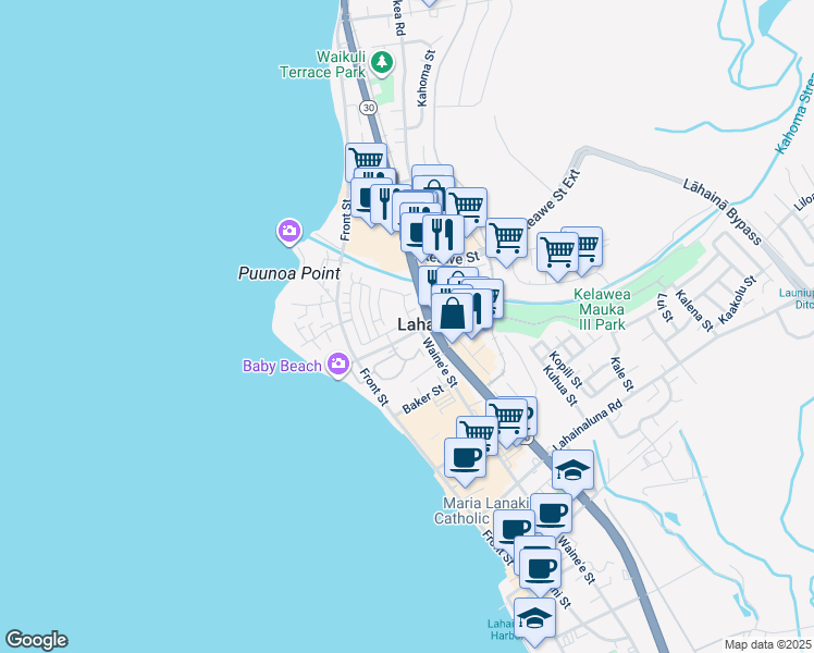 map of restaurants, bars, coffee shops, grocery stores, and more near 214 Kahoma Village Loop in Lahaina