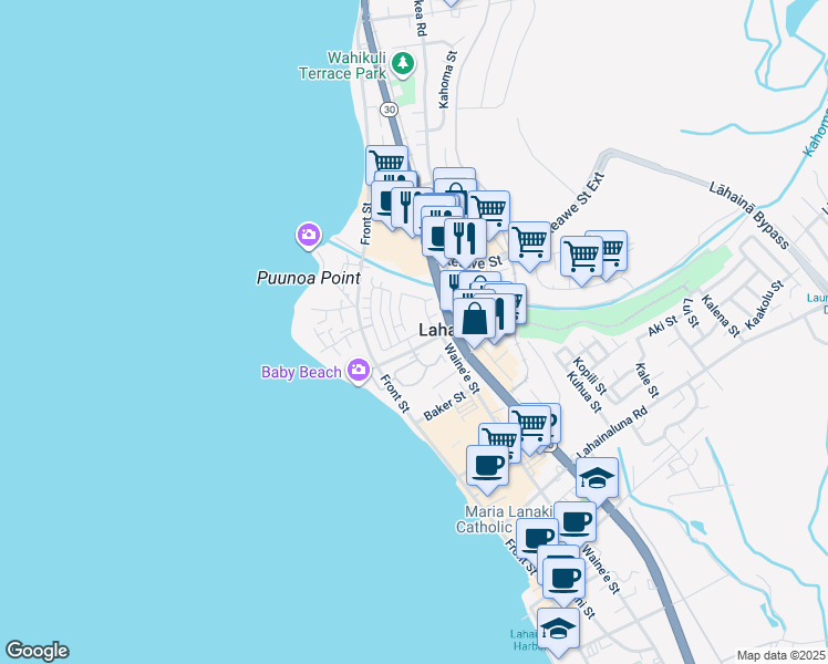 map of restaurants, bars, coffee shops, grocery stores, and more near 184 Kahoma Village Loop in Lahaina