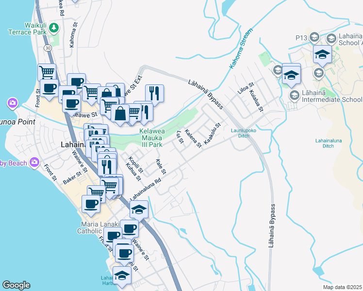 map of restaurants, bars, coffee shops, grocery stores, and more near 851 Lui Street in Lahaina