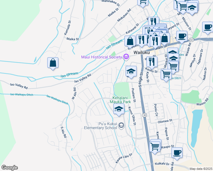 map of restaurants, bars, coffee shops, grocery stores, and more near 273 Puaehu Street in Wailuku
