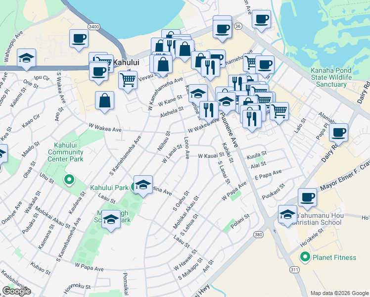 map of restaurants, bars, coffee shops, grocery stores, and more near 162 West Lanai Street in Kahului