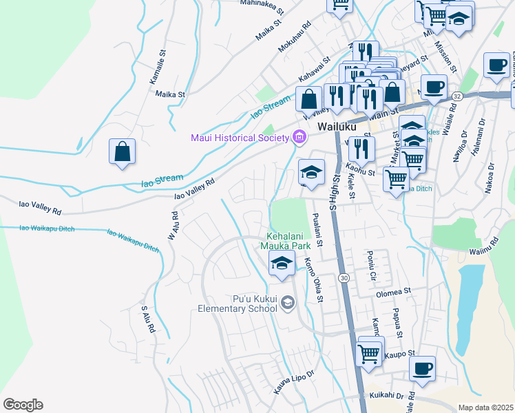 map of restaurants, bars, coffee shops, grocery stores, and more near 299 Puaehu Street in Wailuku