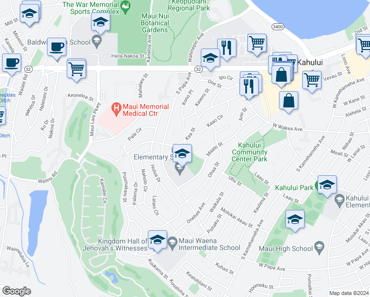 map of restaurants, bars, coffee shops, grocery stores, and more near 128 Hone Street in Kahului