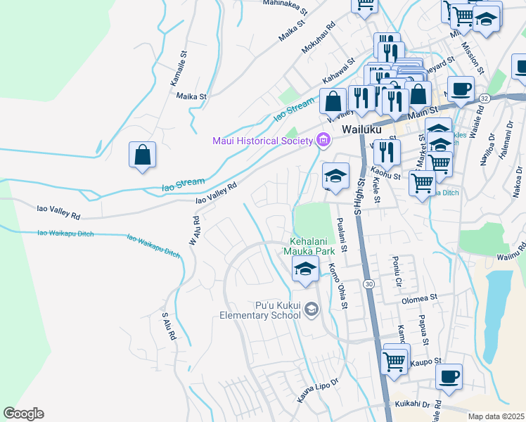 map of restaurants, bars, coffee shops, grocery stores, and more near 89 Hoolaau Street in Wailuku