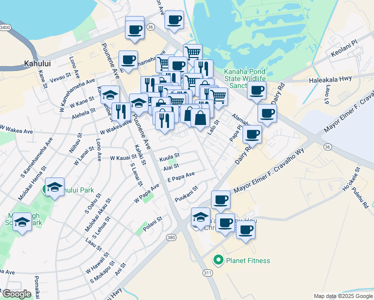 map of restaurants, bars, coffee shops, grocery stores, and more near 101 Kuula Street in Kahului