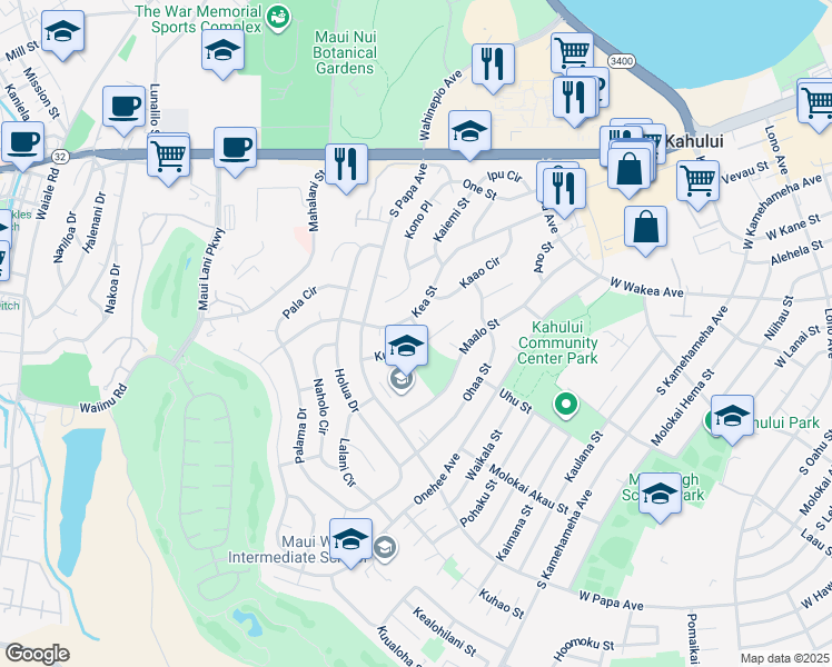 map of restaurants, bars, coffee shops, grocery stores, and more near 128 Hone Street in Kahului
