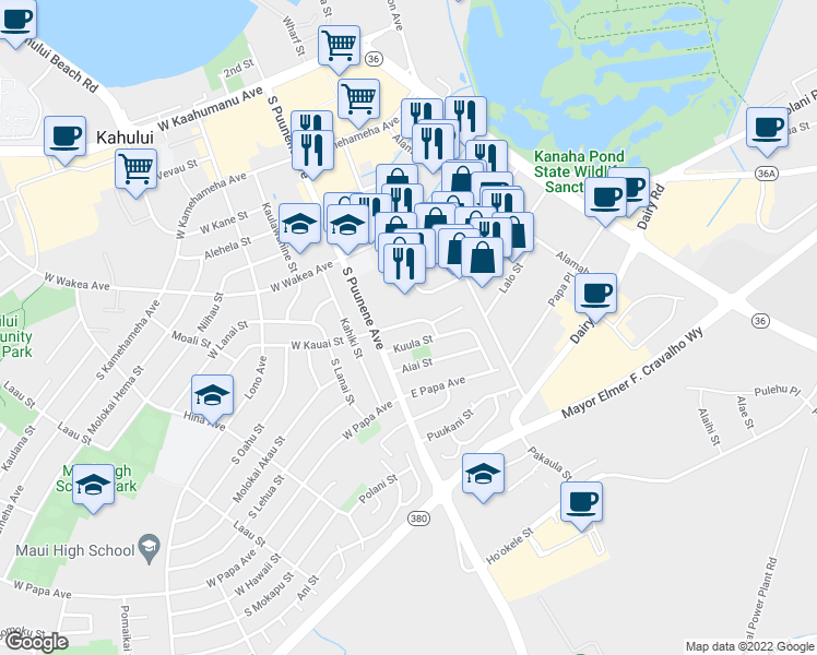 map of restaurants, bars, coffee shops, grocery stores, and more near 50 East Kauai Street in Kahului
