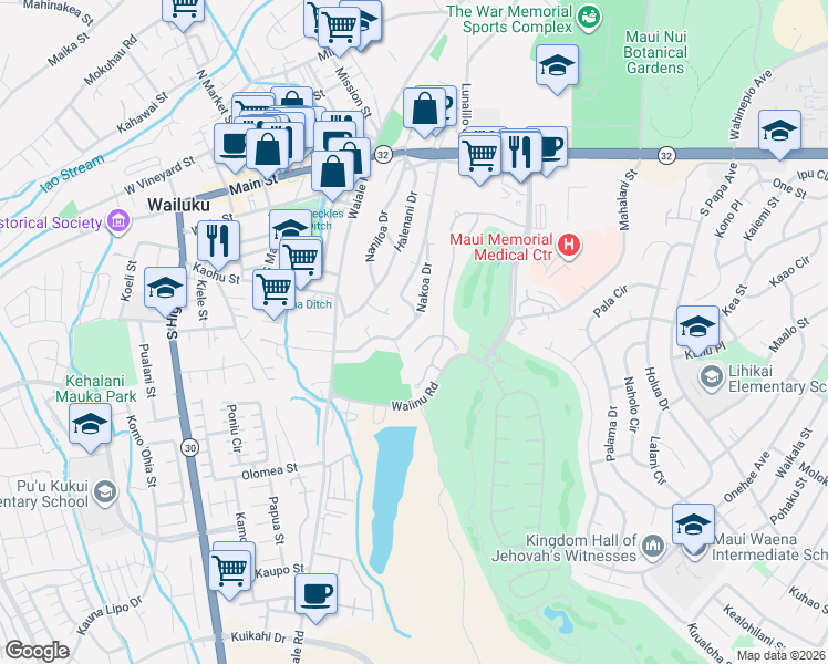map of restaurants, bars, coffee shops, grocery stores, and more near 262 Nakoa Drive in Wailuku