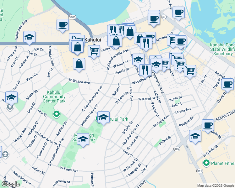 map of restaurants, bars, coffee shops, grocery stores, and more near 219 Niihau Street in Kahului
