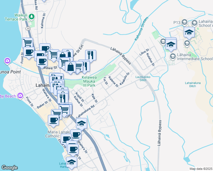 map of restaurants, bars, coffee shops, grocery stores, and more near 851 Lui Street in Lahaina