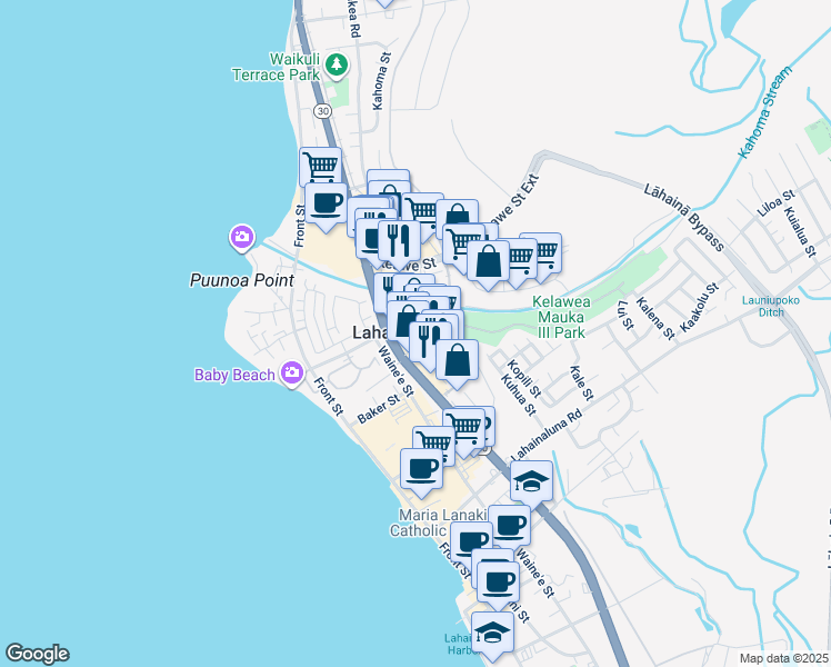 map of restaurants, bars, coffee shops, grocery stores, and more near 1068 Limahana Place in Lahaina
