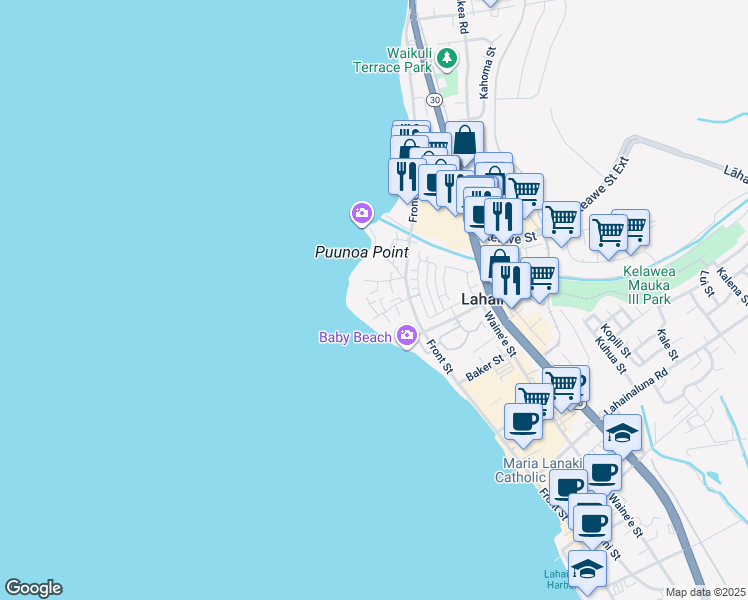 map of restaurants, bars, coffee shops, grocery stores, and more near 1184 Halepaka Place in Lahaina