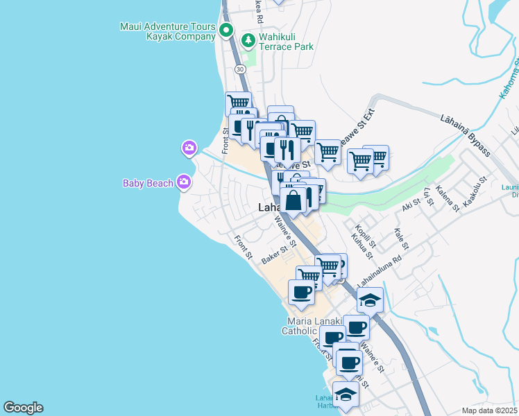 map of restaurants, bars, coffee shops, grocery stores, and more near 208 Kahoma Village Loop in Lahaina