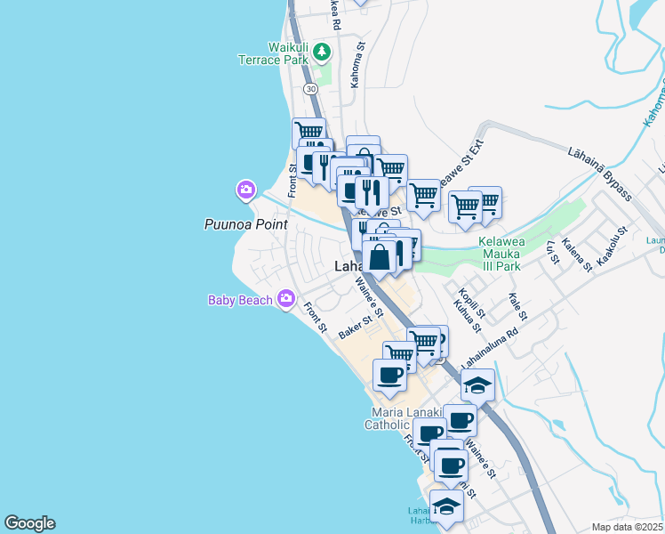 map of restaurants, bars, coffee shops, grocery stores, and more near 202 Kahoma Village Loop in Lahaina