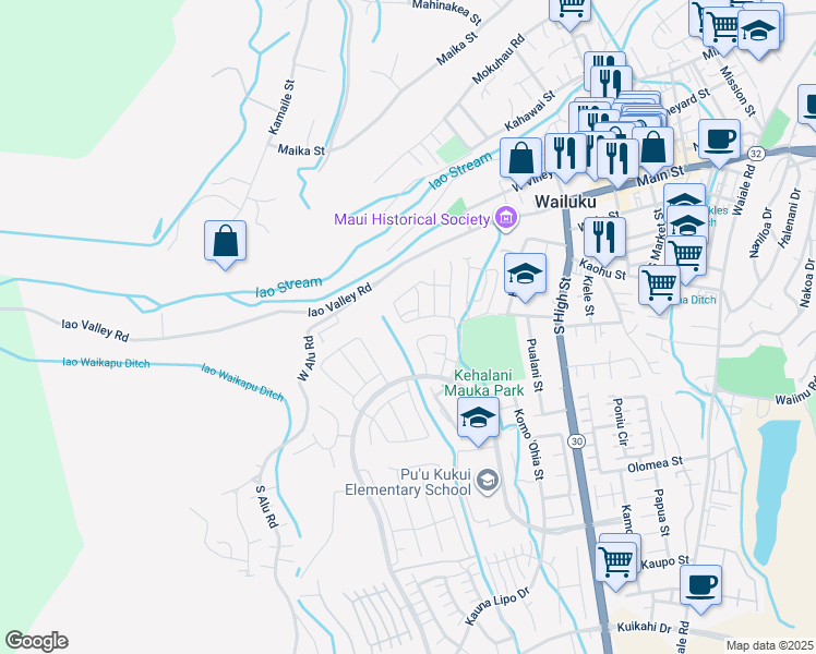 map of restaurants, bars, coffee shops, grocery stores, and more near 97 Hoolaau Street in Wailuku