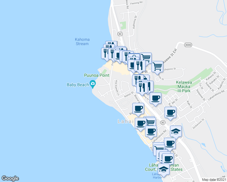 map of restaurants, bars, coffee shops, grocery stores, and more near 10 Kahoma Village Loop in Lahaina