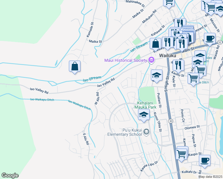 map of restaurants, bars, coffee shops, grocery stores, and more near 160 Kili'o'opu Street in Wailuku