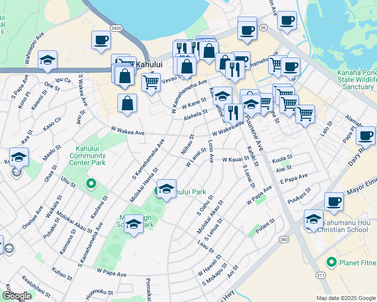 map of restaurants, bars, coffee shops, grocery stores, and more near 219 Niihau Street in Kahului