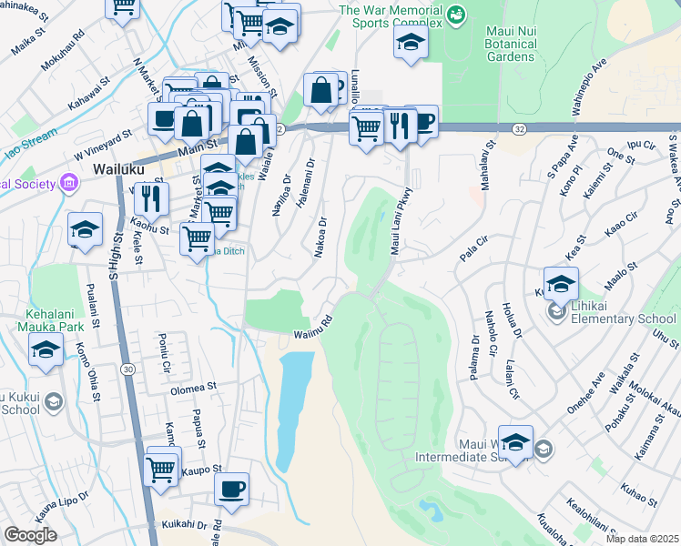 map of restaurants, bars, coffee shops, grocery stores, and more near 222 Nakoa Drive in Wailuku
