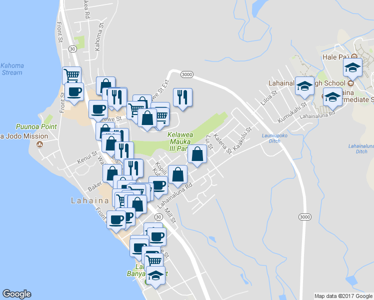 map of restaurants, bars, coffee shops, grocery stores, and more near 457 Aki Street in Lahaina