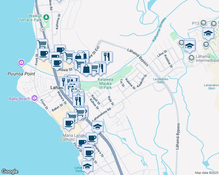 map of restaurants, bars, coffee shops, grocery stores, and more near 457 Aki Street in Lahaina