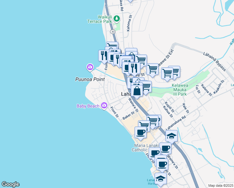 map of restaurants, bars, coffee shops, grocery stores, and more near 10 Kahoma Village Loop in Lahaina