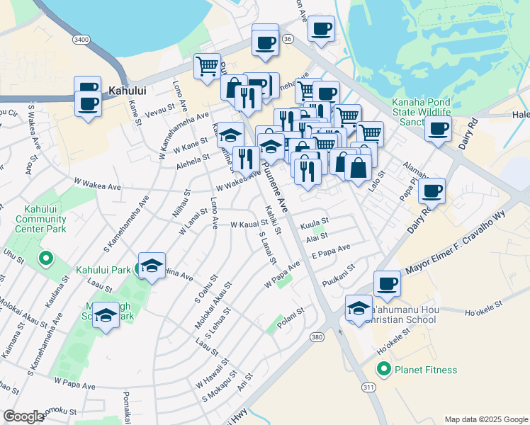 map of restaurants, bars, coffee shops, grocery stores, and more near 51 Molokini Street in Kahului