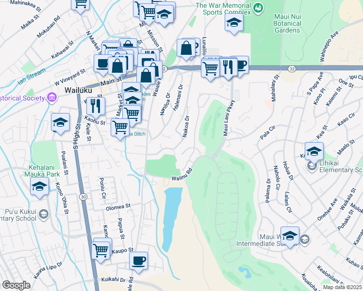 map of restaurants, bars, coffee shops, grocery stores, and more near 262 Nakoa Drive in Wailuku