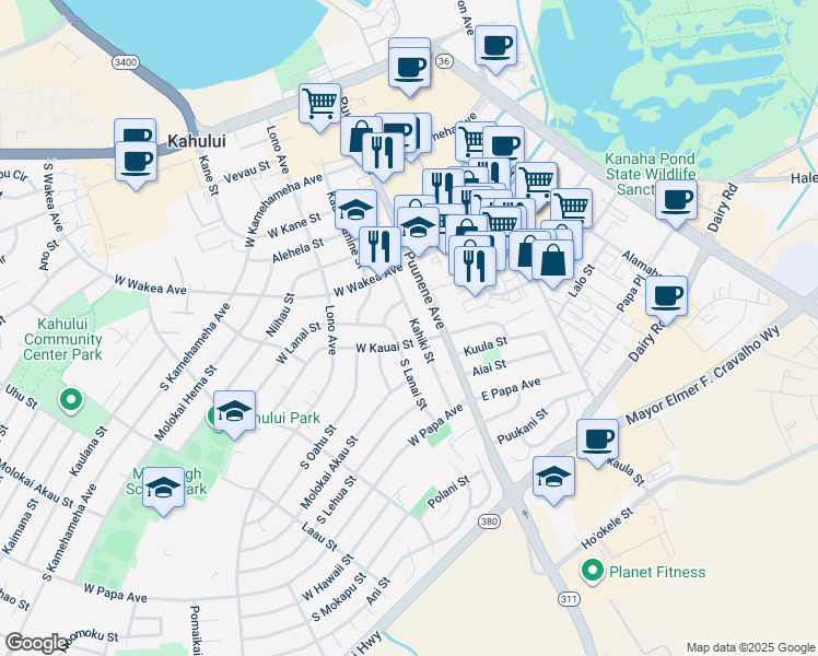 map of restaurants, bars, coffee shops, grocery stores, and more near 328 Kahiki Street in Kahului