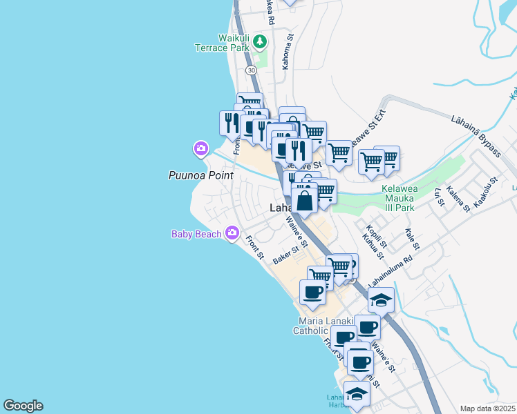 map of restaurants, bars, coffee shops, grocery stores, and more near 310 Kahoma Village Loop in Lahaina