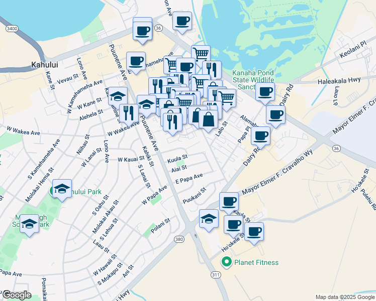 map of restaurants, bars, coffee shops, grocery stores, and more near 89 East Kauai Street in Kahului