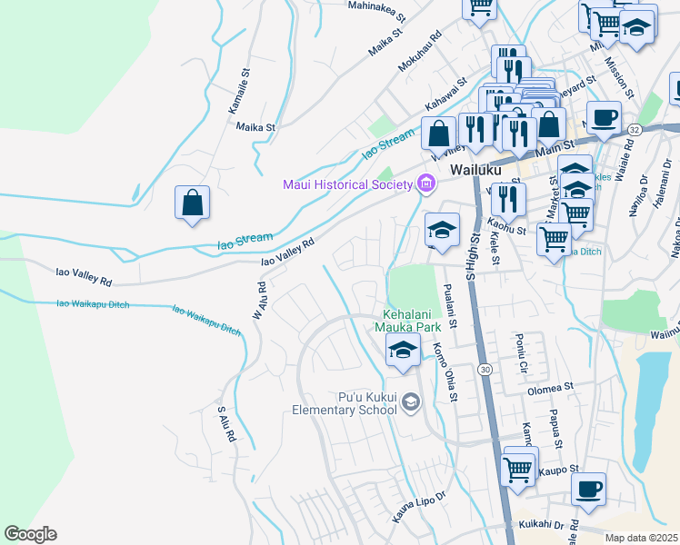 map of restaurants, bars, coffee shops, grocery stores, and more near 101 Hoolaau Street in Wailuku