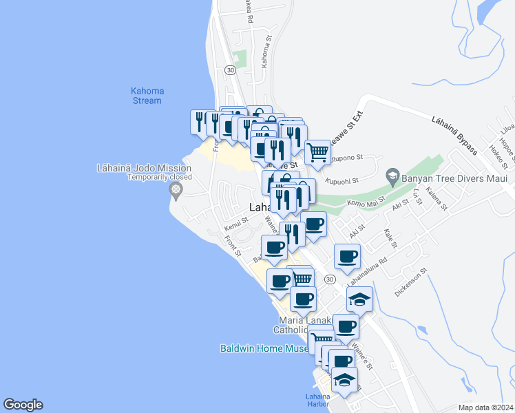 map of restaurants, bars, coffee shops, grocery stores, and more near 226 Kahoma Village Loop in Lahaina